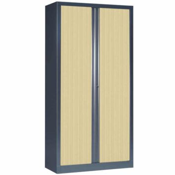 Armoire vestiaire en métal gris à portes en bois, haute capacité de rangement.