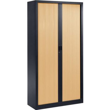 Armoire métallique haute à portes coulissantes, noir et bois, rangement vestiaire spacieux.