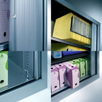 Armoire rideaux Série Kit détails, étagères métalliques, dossiers suspendus, finition grise.