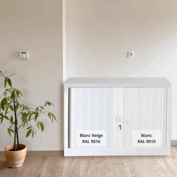 Armoire rideaux blanc avec étiquettes RAL 9016 et RAL 9010, pour archives et dossiers suspendus, Série A.