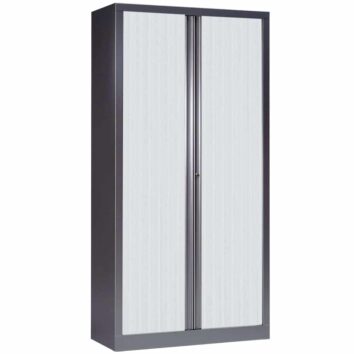 Armoire de bureau en métal gris, 2 portes battantes, hauteur 198 cm, large capacité de rangement.