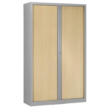 Armoire à rideaux SÉRIE PLUS en aluminium 9006, avec finition chêne clair. Dimensions: H198 x L120 cm. Idéale pour un rangement élégant et moderne.