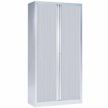 Armoire de rangement en métal, grise, vue face, porte battante, capacité spacieuse.