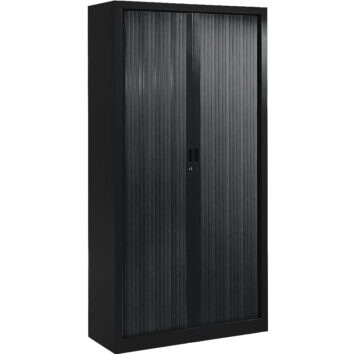Armoire de rangement noire à portes coulissantes, haute capacité pour bureau ou atelier.