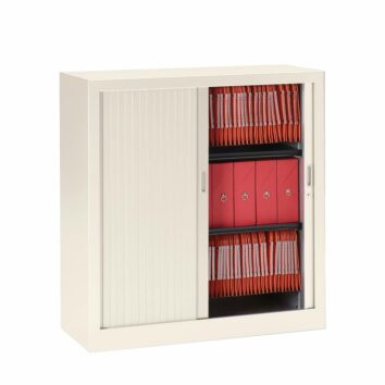 Armoire de rangement blanche 100x100cm avec portes coulissantes, idéale pour classeurs de bureau.