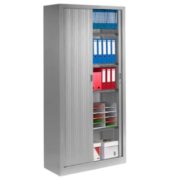 Armoire de rangement métallique, série A, 100x198 cm, coloris aluminium, portes coulissantes, étagères réglables.