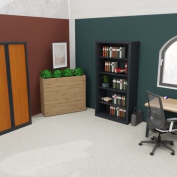 Armoire Rideaux SÉRIE PLUS H198 L100 en anthracite et merisier dans un bureau moderne avec étagères, chaise et plante verte.