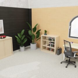 Armoire beige à rideaux, SÉRIE PLUS H100 L100, dans un bureau moderne avec plantes, étagère et bureau équipé.