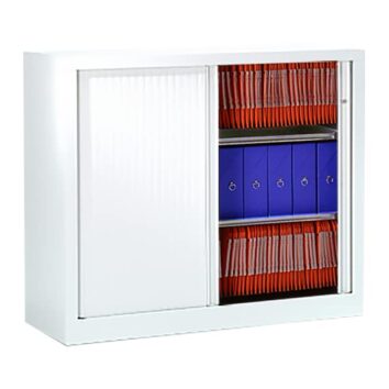 Armoire à rideaux blanche, H100 L120 cm, avec 2 tablettes réglables, serrure 2 points, 56 coloris. Fabriquée en France, garantie 10 ans. Usage intensif.