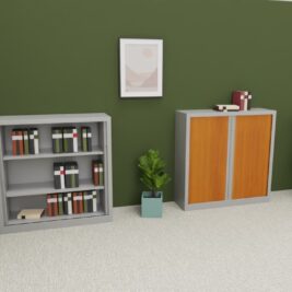 Armoire de bureau en aluminium et merisier, modèle SÉRIE PLUS, H120 L120, avec rideaux. Design moderne et fonctionnel.
