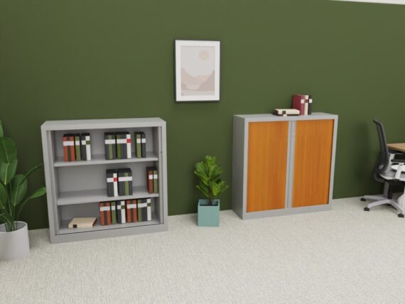 Armoire de bureau en aluminium et merisier, modèle SÉRIE PLUS, H120 L120, avec rideaux. Design moderne et fonctionnel.