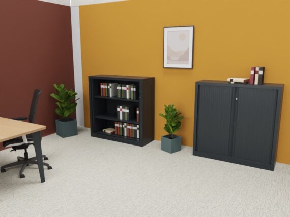 Armoire à rideaux anthracite Série Plus H120 L120 dans un bureau moderne, accompagnée d'étagères et de plantes décoratives.
