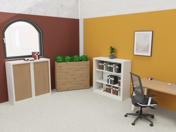 Armoire Rideaux SÉRIE PLUS H120 L120 en bois clair et blanc dans un bureau moderne avec étagères et plantes.