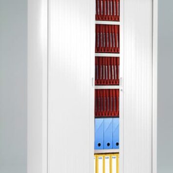 Armoire de bureau blanche GC1912 avec portes coulissantes, étagères multiples, vue de face.