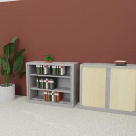 Armoire Rideaux SÉRIE PLUS – H100 L120 en aluminium et érable, située dans un bureau moderne avec plantes vertes.