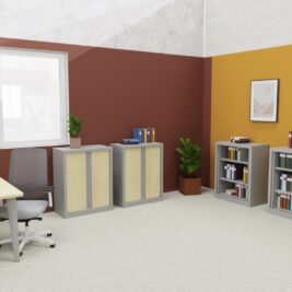 Armoire Rideaux SÉRIE PLUS H100 L80 en aluminium et érable, dans un bureau moderne avec plantes et étagères remplies de livres.