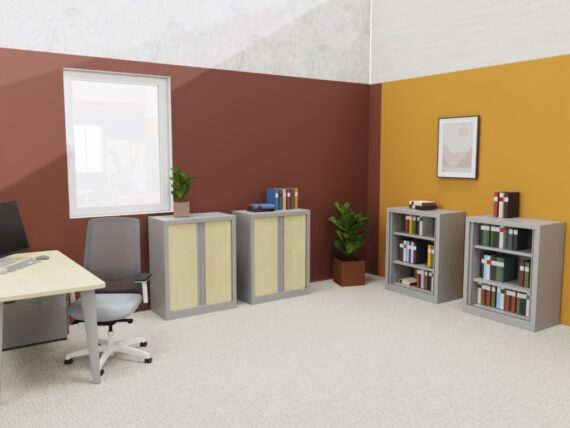 Armoire Rideaux SÉRIE PLUS H100 L80 en aluminium et érable, dans un bureau moderne avec plantes et étagères remplies de livres.