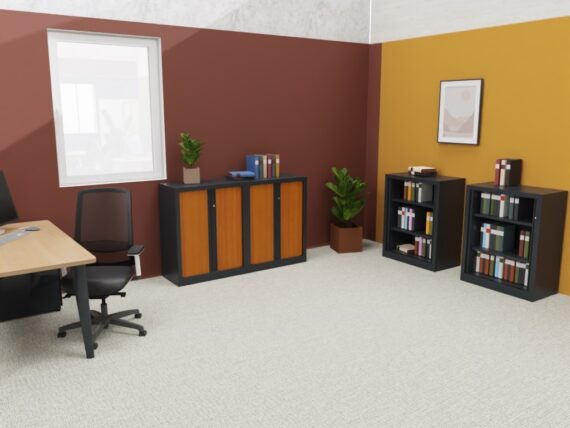 Armoire Rideaux SÉRIE PLUS anthracite et merisier, H100 L80, dans un bureau moderne avec plantes et étagères colorées.