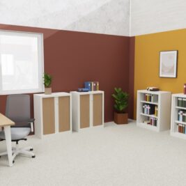 Armoire Rideaux SÉRIE PLUS – H100 L80 en blanc neige et chêne dans un bureau moderne avec étagères et plantes.