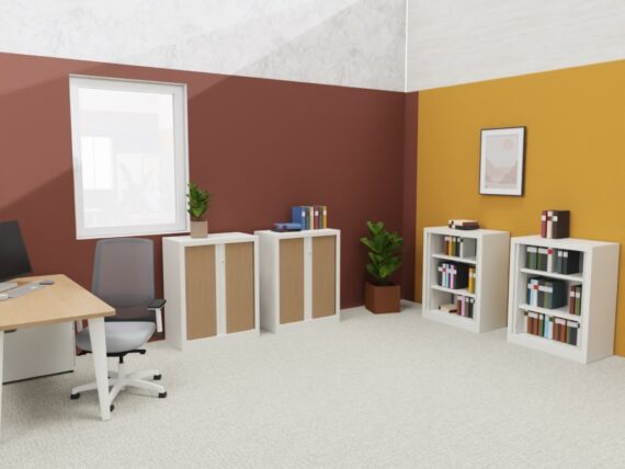 Armoire Rideaux SÉRIE PLUS – H100 L80 en blanc neige et chêne dans un bureau moderne avec étagères et plantes.