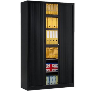 Armoire à portes coulissantes noire, série A, 198x120 cm, ouverte, rangement bureau.