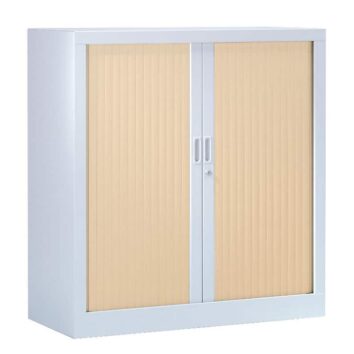 Armoire à rideaux, série A, 120x120x43 cm, finition alu et érable, vue de face.