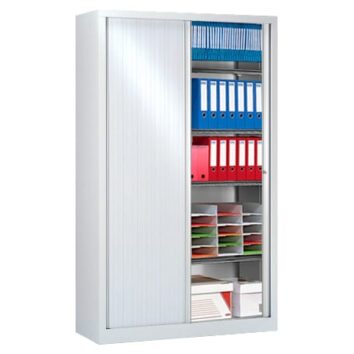 Armoire à rideaux Série PLUS, H198 L120 cm, monobloc, 4 tablettes réglables, fermeture 3 points, coulissement silencieux, fabriquée en France, garantie 10 ans.