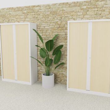 Armoire Rideaux SÉRIE PLUS – H198 L120 en érable, placée devant un mur en pierre, avec plante verte à côté.