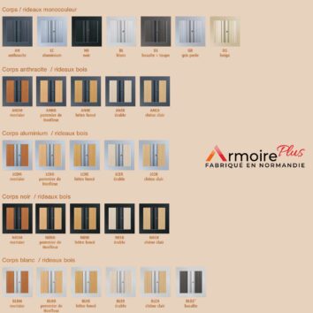 Tableau de finitions ArmoirePlus : plusieurs options de couleurs pour corps et rideaux en bois ou aluminium.
