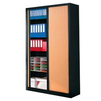 Armoire à rideaux Série PLUS H198 L120, 4 tablettes réglables, fermeture 3 points, confort de coulissement, 56 coloris, fabriquée en France, garantie 10 ans.
