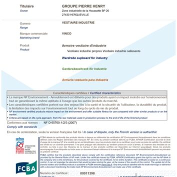 Certificat NF Environnement pour vestiaires industrie salissante gamme PREMIUM, 3 cases, monobloc.