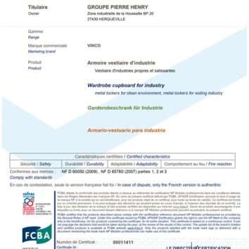 Certificat de qualité NF pour vestiaire industriel gamme PREMIUM, 3 cases, monobloc, par Groupe Pierre Henry.