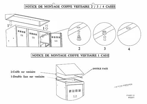 Notice de montage d'une coiffe inclinée pour vestiaire, gamme PREMIUM, illustrant les étapes d'installation.
