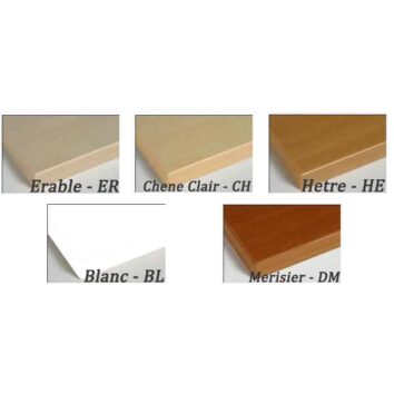 Nuancier de coloris pour mobilier : érable, chêne clair, hêtre, blanc, merisier.