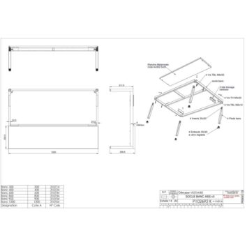 Plan technique du socle banc AS3 x 4, dimensions 1200x313 mm, vue éclatée avec détails des fixations.