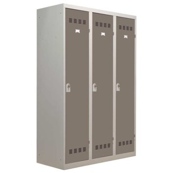 Vestiaire taupe, 3 cases, moraillon, angle droit, robuste et fonctionnel pour espaces professionnels.