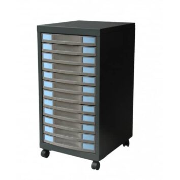 Desserte de bureau anthracite sur roulette à 12 tiroirs basaltes