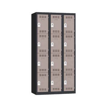 Vestiaire multicases PREMIUM 12 casiers, dimensions H1800 x L900 x P500, avec aération, porte-étiquette et butée anti-bruit. Conçu pour usage intensif.