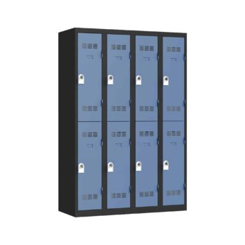 Vestiaire multicases PREMIUM à 8 casiers, H1800 x L1200 x P500, avec tube support cintre, patères, plaque propreté, porte-étiquette, et aération.