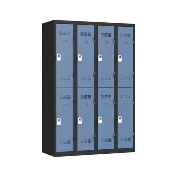 Vestiaire multicases PREMIUM à 8 casiers, H1800 x L1200 x P500, avec tube support cintre, patères, plaque propreté, porte-étiquette, et aération.