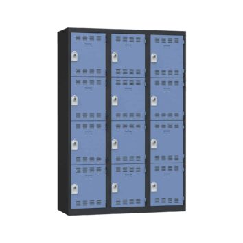 Vestiaire multicases PREMIUM, 12 casiers, H.1800 x L.1200 x P.500, avec plaque de propreté, butée anti-bruit, porte-étiquette, et aérations.