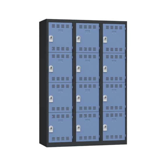 Vestiaire multicases PREMIUM, 12 casiers, H.1800 x L.1200 x P.500, avec plaque de propreté, butée anti-bruit, porte-étiquette, et aérations.