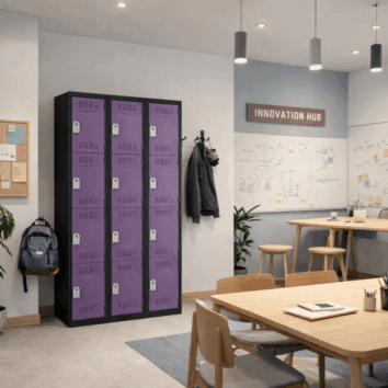 Vestiaire multicases 12 cases, prune, L900, portes ouvertes, vue de face.