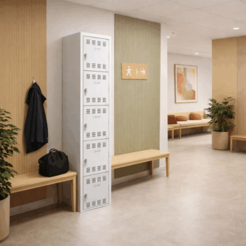 Vestiaire multicases 5 casiers, gris clair, vue de face, dimensions L40 cm, idéal pour vestiaires.