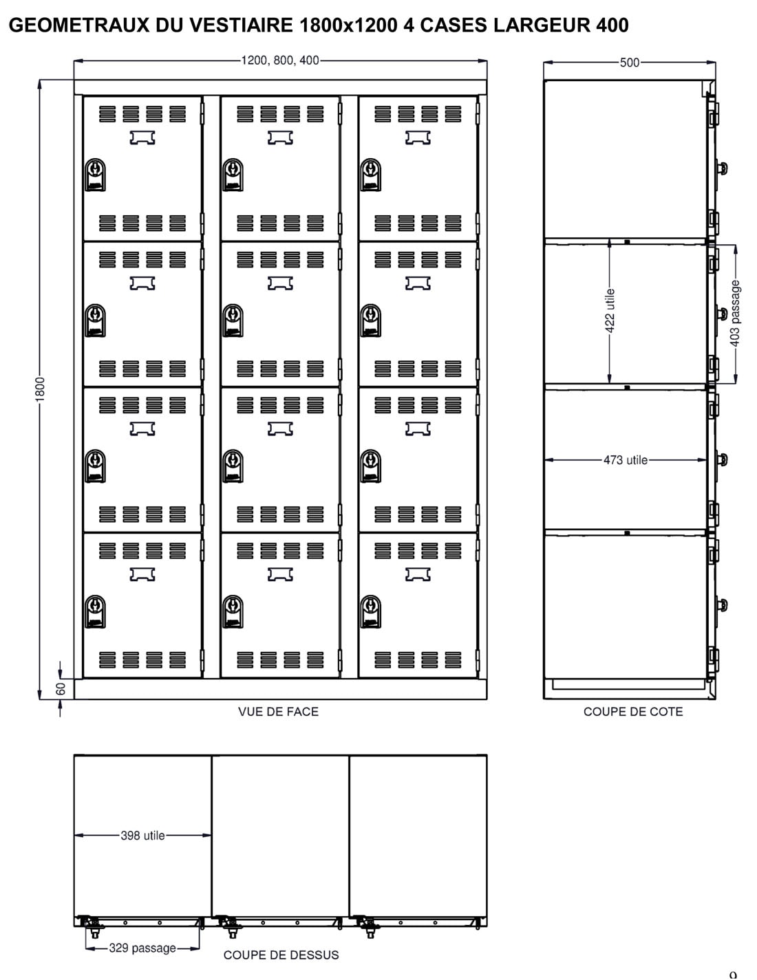 Dimensions utiles du vestiaire 4 cases