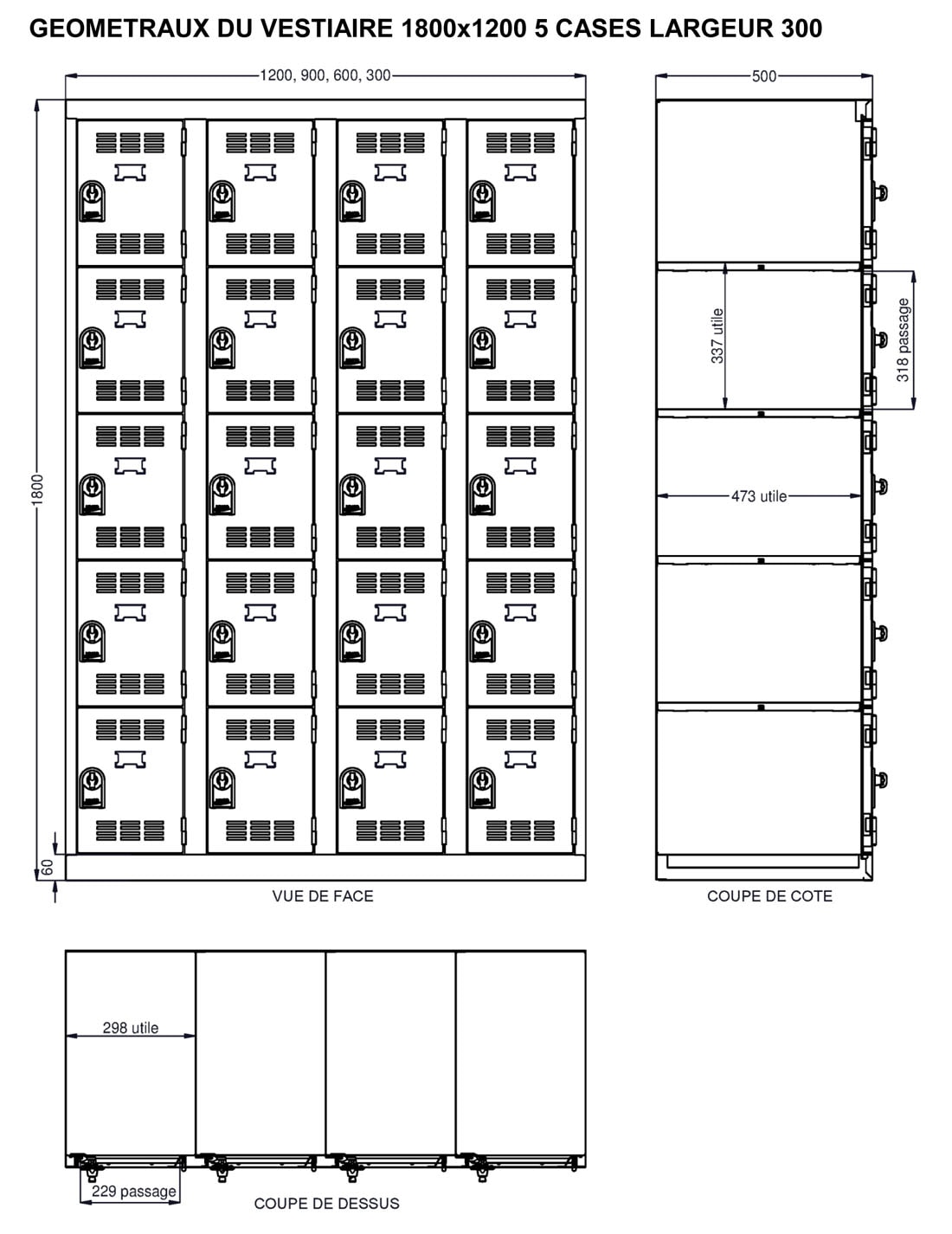 Dimensions utiles du vestiaire 5 cases