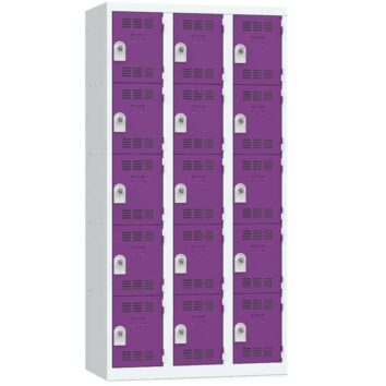 Vestiaire métallique multicases 15 cases prune, largeur 90 cm, portes perforées, vue de face.
