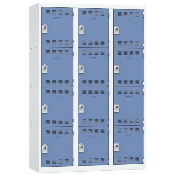 Vestiaire multicases 12 casiers, dimensions 1800x1200x500 mm, coloris bleu, vue de face.