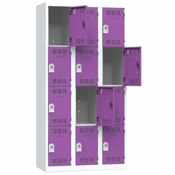 Vestiaire multicases 12 cases, prune, L900, portes ouvertes, vue de face.