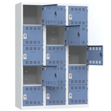 Vestiaire multicases 15 cases bleu, porte métallique, angle de vue de face, L120 cm.